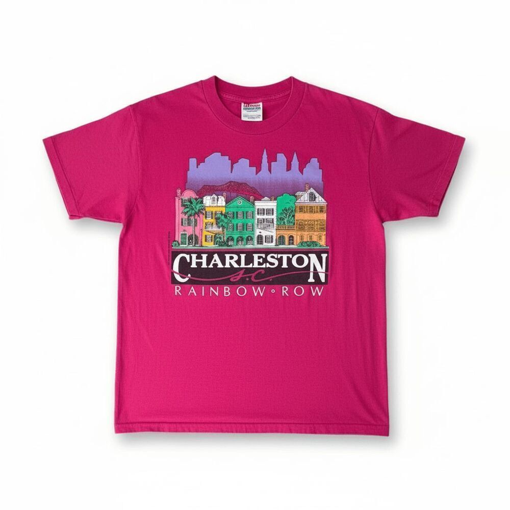 Vintage 1988 Charleston SC Rainbow Row Graphic T Shirt Medium Pink